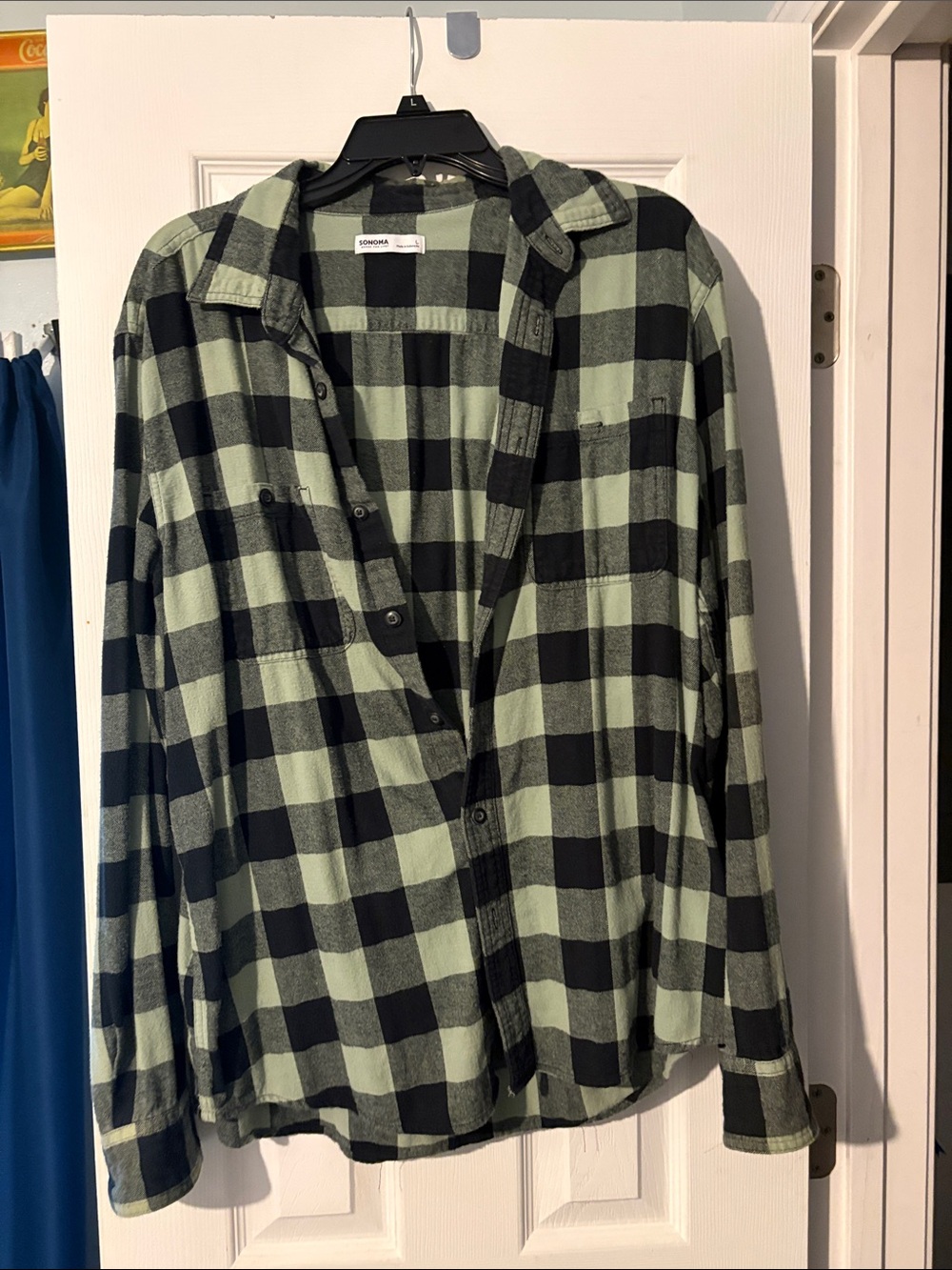 Sonoma Black and Light Green Plaid Casual Button-Down Shirt